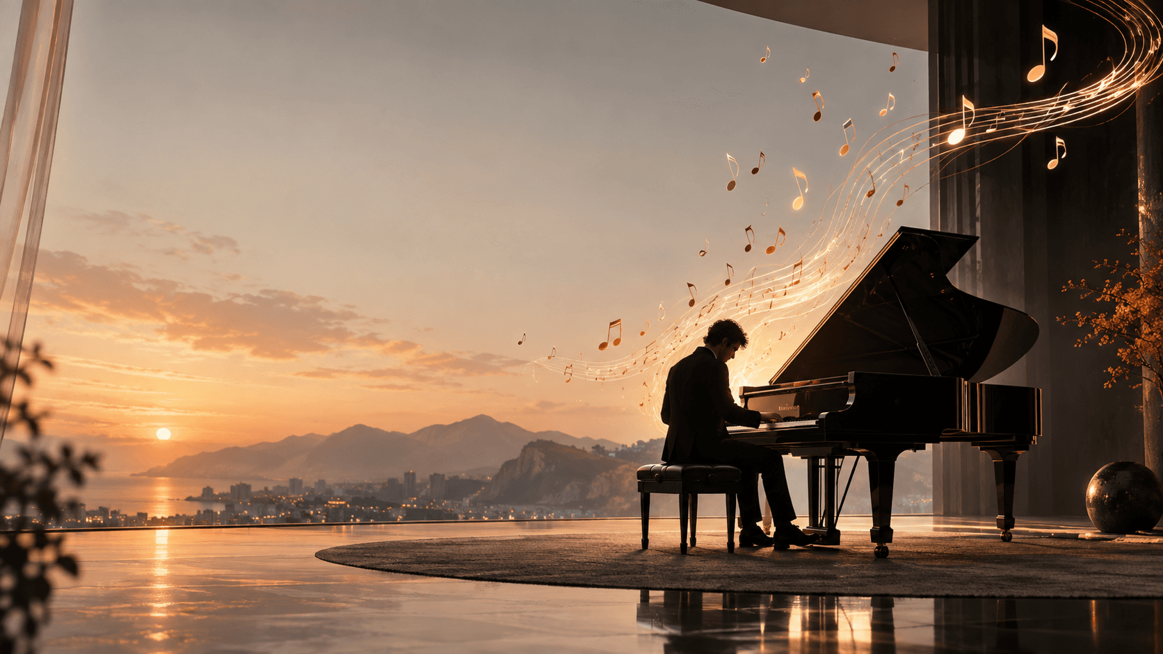 Pianist playing a grand piano at sunset, with musical notes sweeping above the instrument